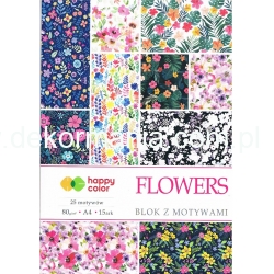 HAPPY COLOR Blok A4 -15 arkuszy z motywami 80g, format motywów A5 - 25 motywów , FLOWERS